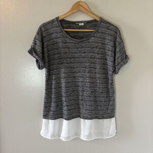 Liz Claiborne Gray Black Textured Top Short Sleeves Shirt Office Sz Petite Large